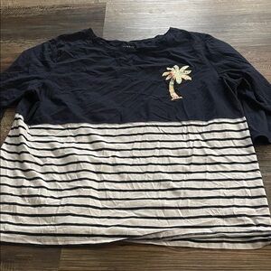 Kids Long Sleeve Navy and White Striped Shirt with Palm Tree